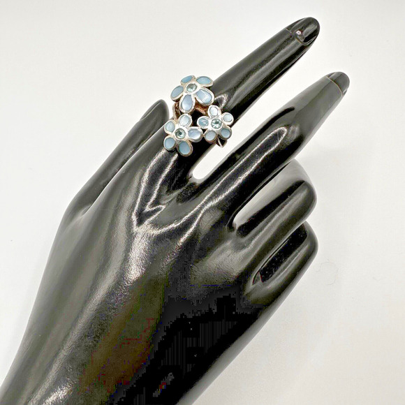 Château d’Argent Sterling Blue Mother of Pearl Triple Daisy Flower Ring sz 7.75 - Picture 3 of 13